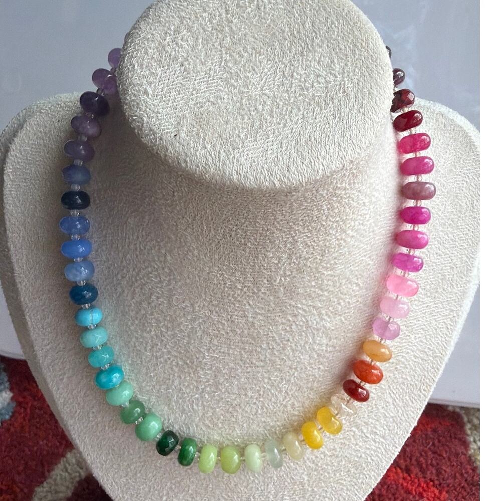 Almost 15" Ombre Rainbow Gemstone Necklace, Gold Tone Hardware, Colorful